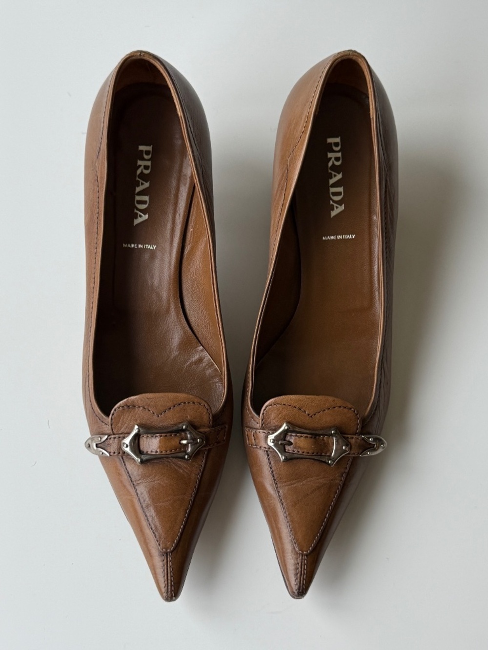 Vintage Prada Camel Leather Buckle Kitten Heels, IT 39 / US 9
